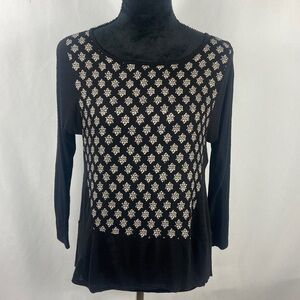 Lucky Brand Black Boatneck Blouse with Geometric Print and Split Tail